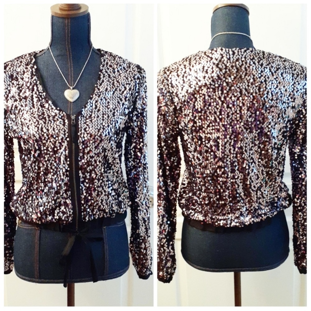 Gap women’s long sleeve bomber Sequin full zip Jacket M silver shiny